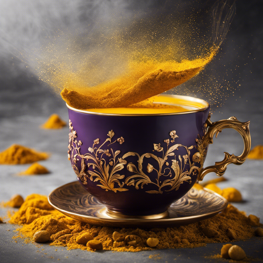Rizing image showcasing a teacup filled with golden turmeric tea, a faint trail of undissolved powder delicately swirling at the bottom, creating a captivating blend of colors and textures