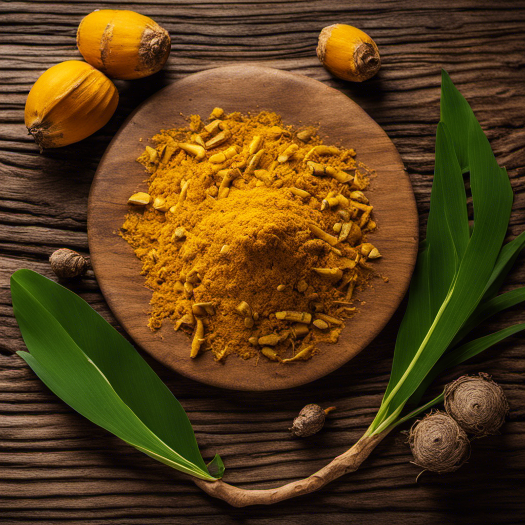 An image featuring a close-up shot of a vibrant yellow turmeric root, surrounded by a cluster of fresh tea tree leaves