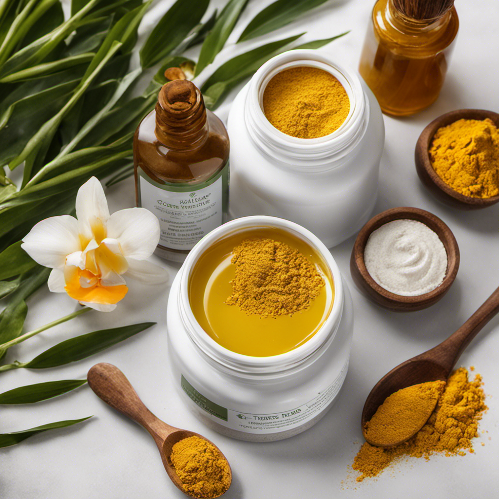 An image showcasing the vibrant golden hue of a Turmeric Tea Tree Oil and Bentonite Clay Mask, with the mask smoothly applied on a face, highlighting its deep-cleansing and rejuvenating properties