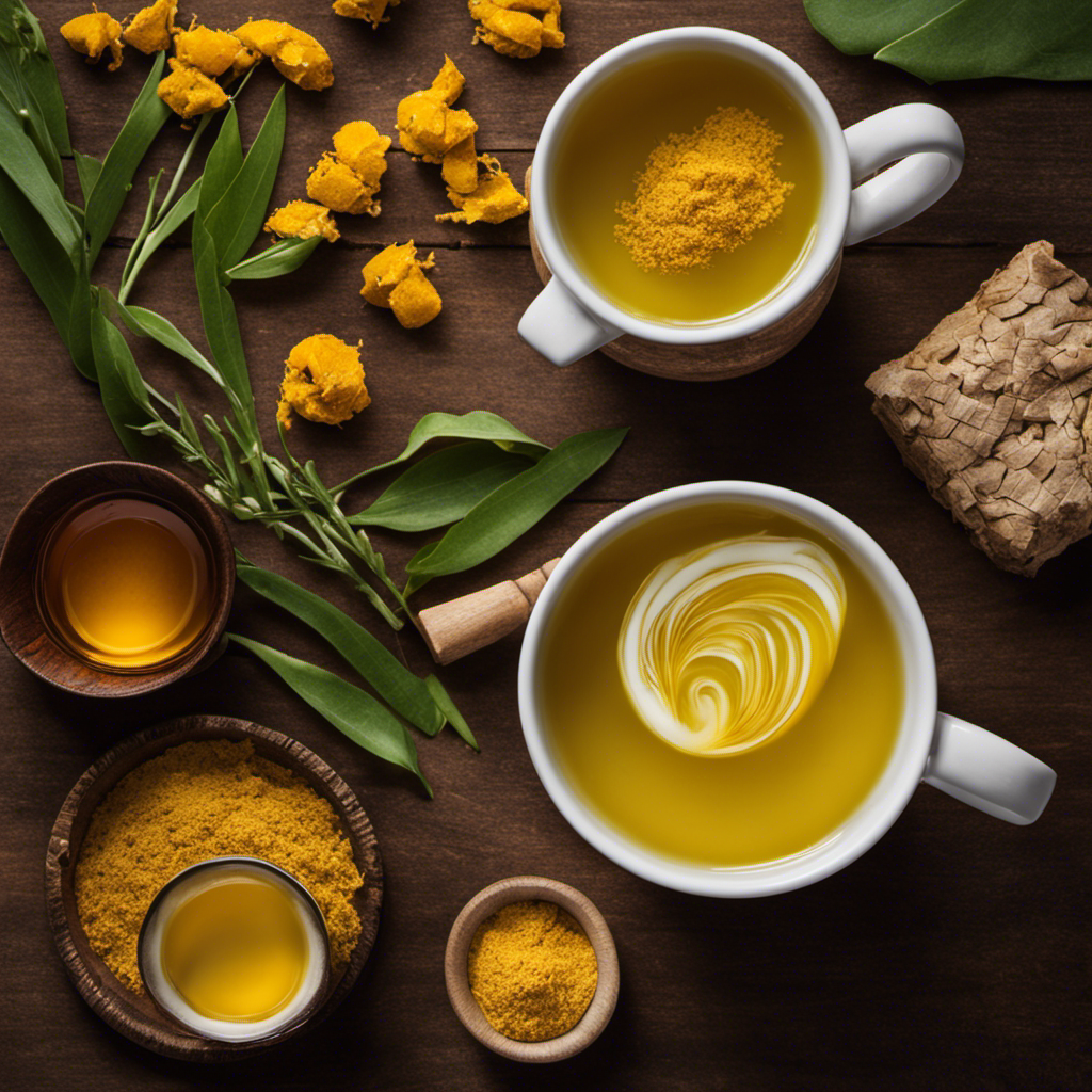 An image showcasing a steaming cup of vibrant yellow turmeric tea, gently swirling in a delicate ceramic mug