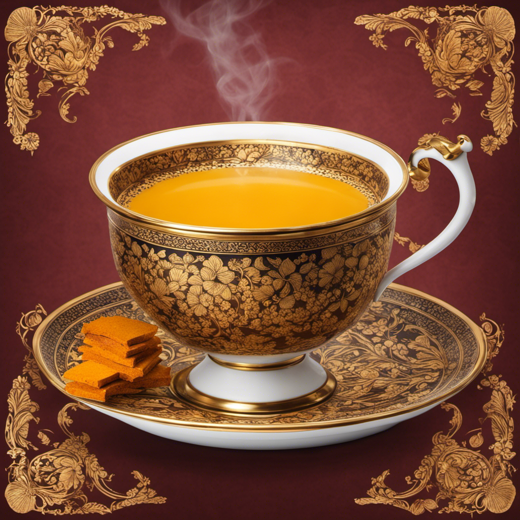 An image that showcases a steaming cup of vibrant golden turmeric tea, swirling with fragrant spices