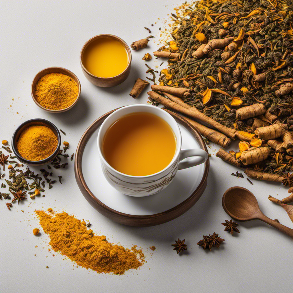 An image that showcases a vibrant, steamy mug of turmeric tea, gently swirling with rich hues of golden yellow
