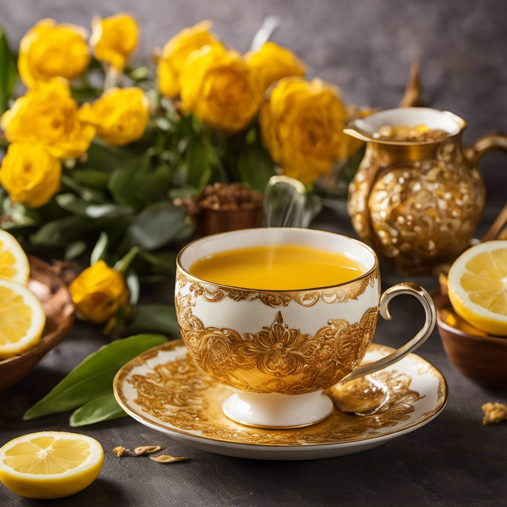 An enticing image showcasing a vibrant cup of Turmeric Tea from Vitamin Shoppe: steam rising, the rich golden hue swirls in a delicate porcelain teacup, garnished with fresh lemon slices and a sprinkle of cinnamon