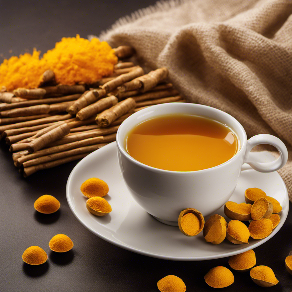 An image showcasing a steaming cup of fragrant turmeric tea, its vibrant golden hue radiating warmth