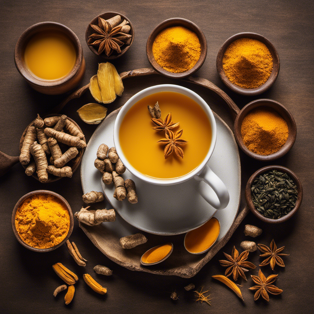 An image showcasing a vibrant, steaming cup of homemade turmeric tea, complemented by a neatly arranged assortment of turmeric supplements in various forms, highlighting the choice between natural and supplemental sources