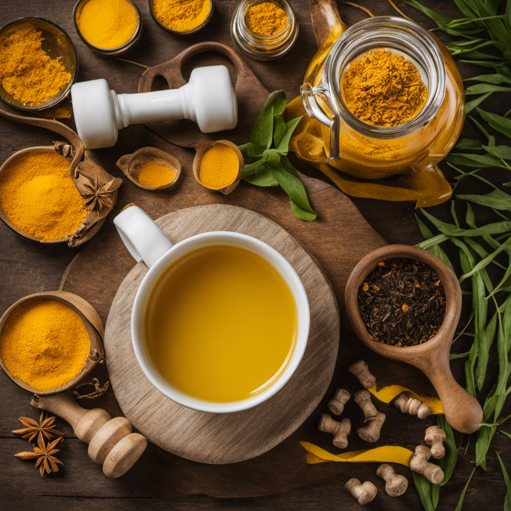 An image capturing the essence of turmeric tea weight loss results: a vibrant yellow tea mug held by a slender hand, surrounded by fresh turmeric roots, a tape measure, and a gym dumbbell