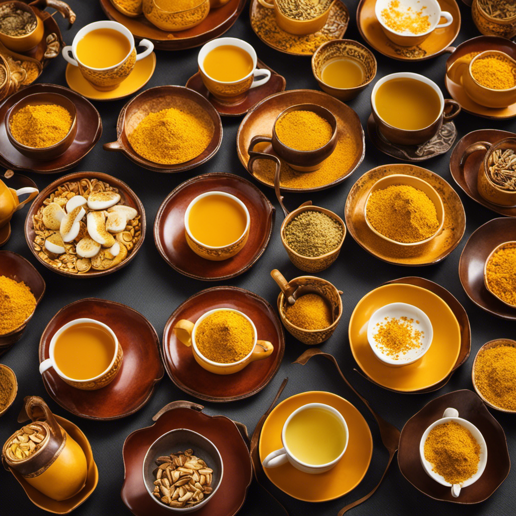 An image showcasing a diverse group of individuals radiating happiness and confidence, their bodies transformed, surrounded by vibrant turmeric tea cups, symbolizing their weight loss success stories