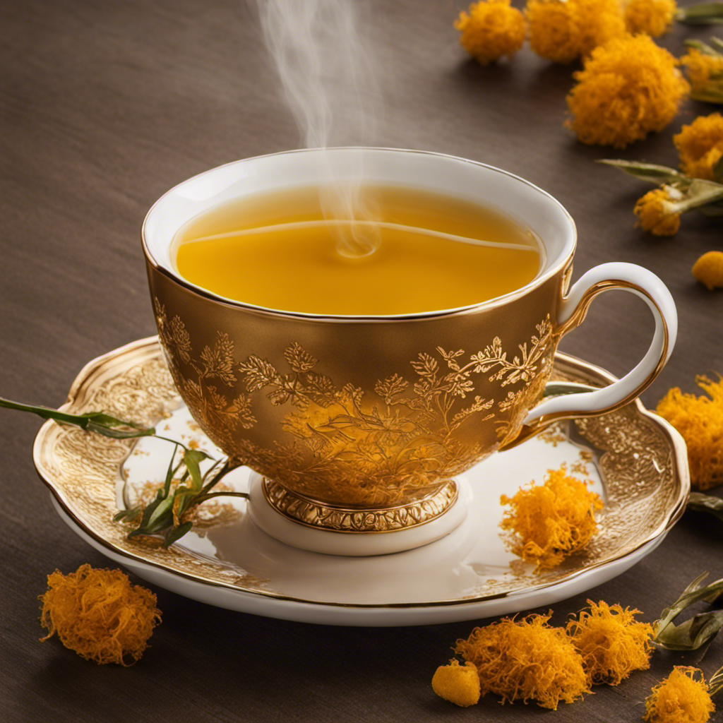 An image that showcases a warm, inviting cup of golden turmeric tea, gently steaming, with a delicate saucer on the side