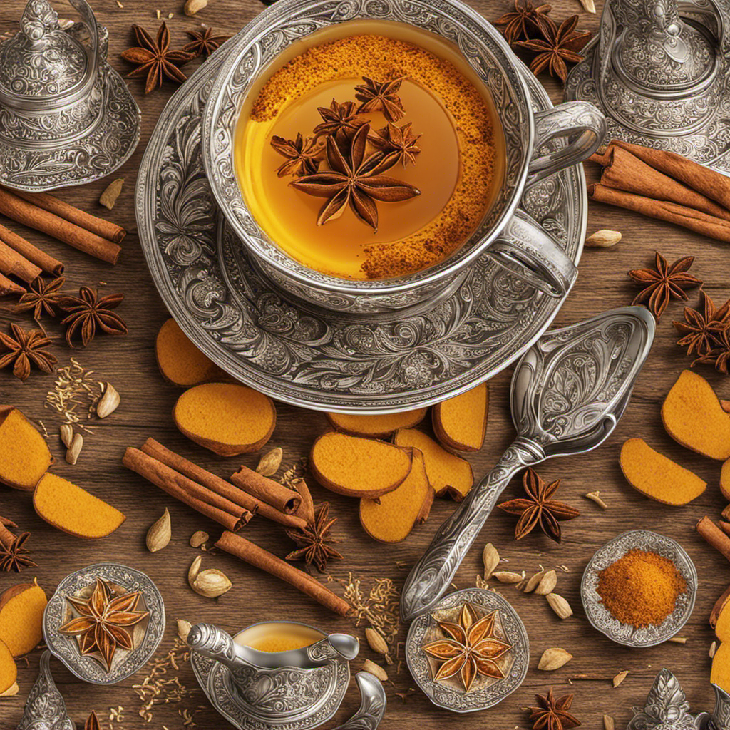 An image capturing the warm amber tones of a steaming cup of turmeric tea, infused with delicate hints of ginger and cinnamon