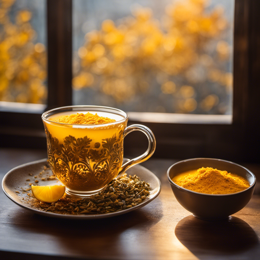 An image showcasing a steaming mug of vibrant golden turmeric tea, gently swirling with creamy coconut milk