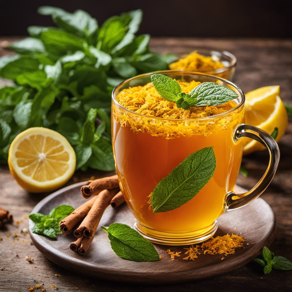 An image showcasing a steaming mug of vibrant turmeric tea, brewed with freshly grated root