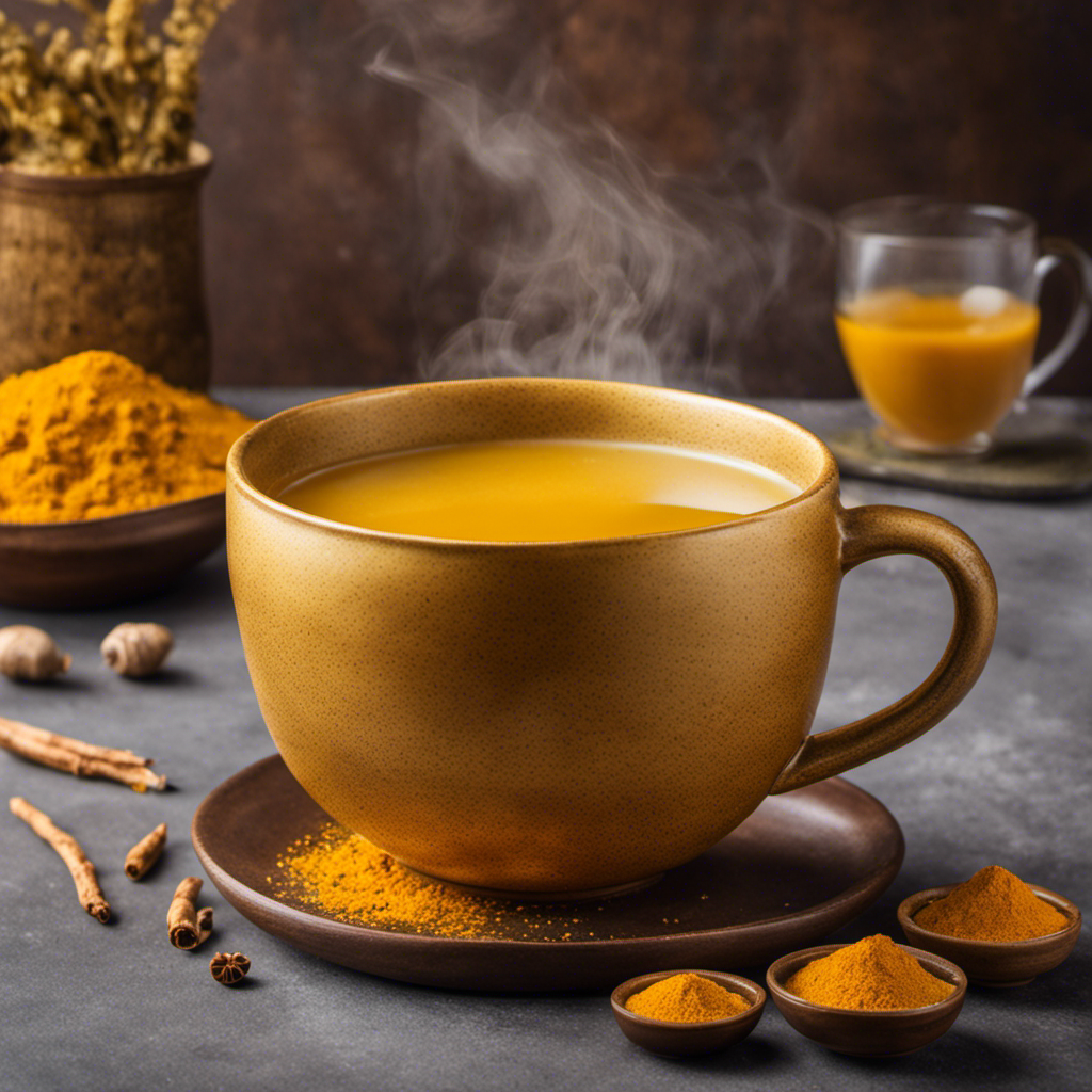 An image showcasing a steaming cup of vibrant golden turmeric tea with a sprinkle of maca powder on top