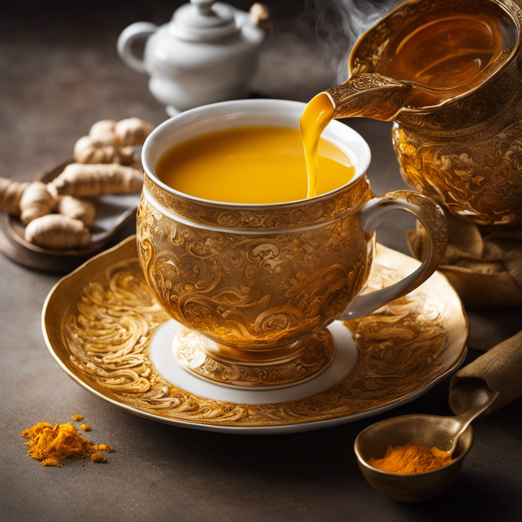 An image that captures the essence of turmeric tea: a warm, golden-hued liquid swirls in a delicate porcelain teacup, fragrant steam rising above, while vibrant turmeric roots and fresh ginger slices rest nearby