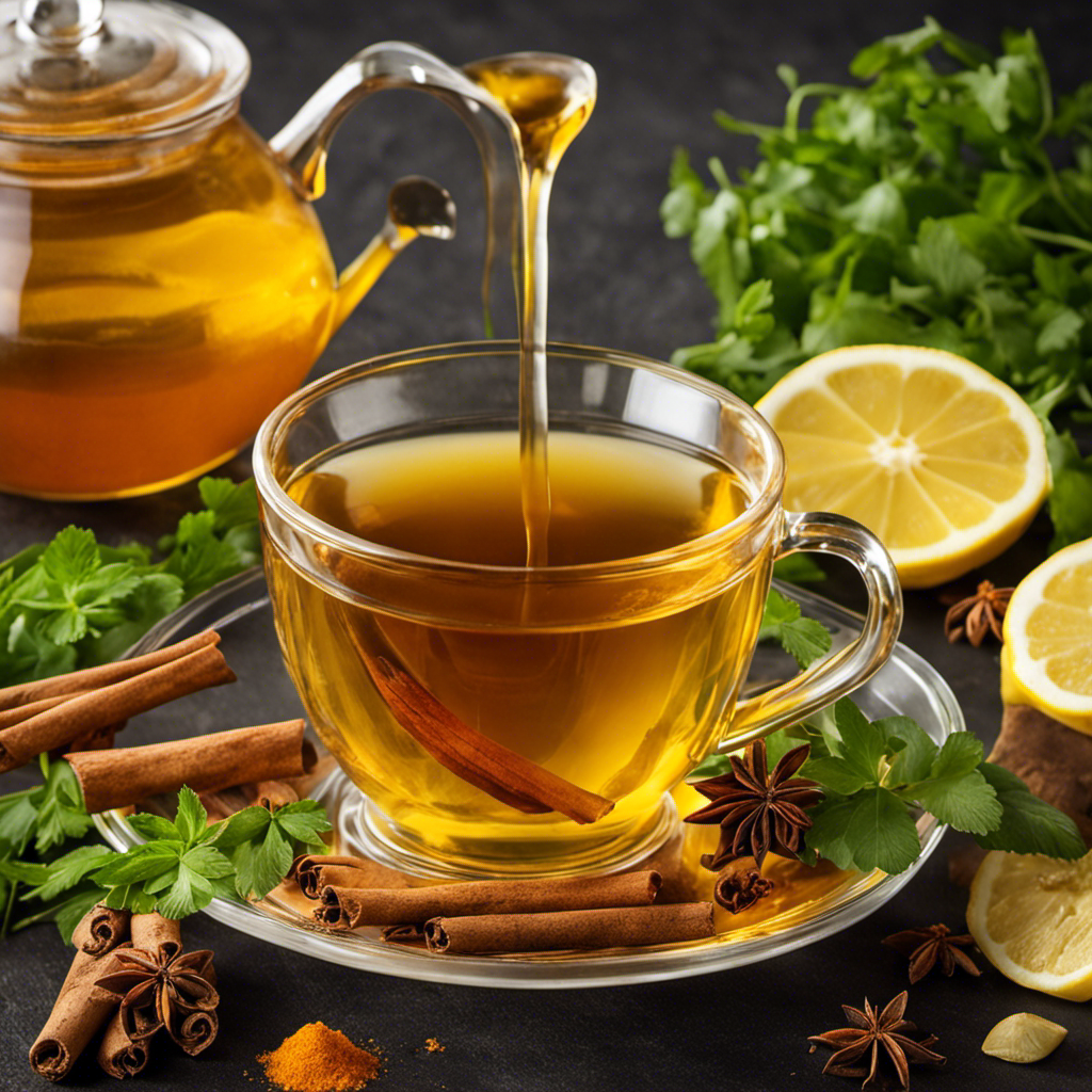 An image showcasing a steaming cup of golden cinnamon tea, infused with fresh turmeric, thyme, cilantro, honey, lemon slices, and ginger, emanating warmth and vibrant colors, symbolizing its potent antioxidant properties