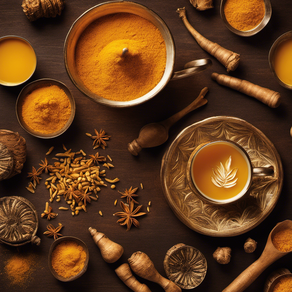 An image showcasing a warm, inviting scene with a steaming cup of Turmeric Tuber Tea