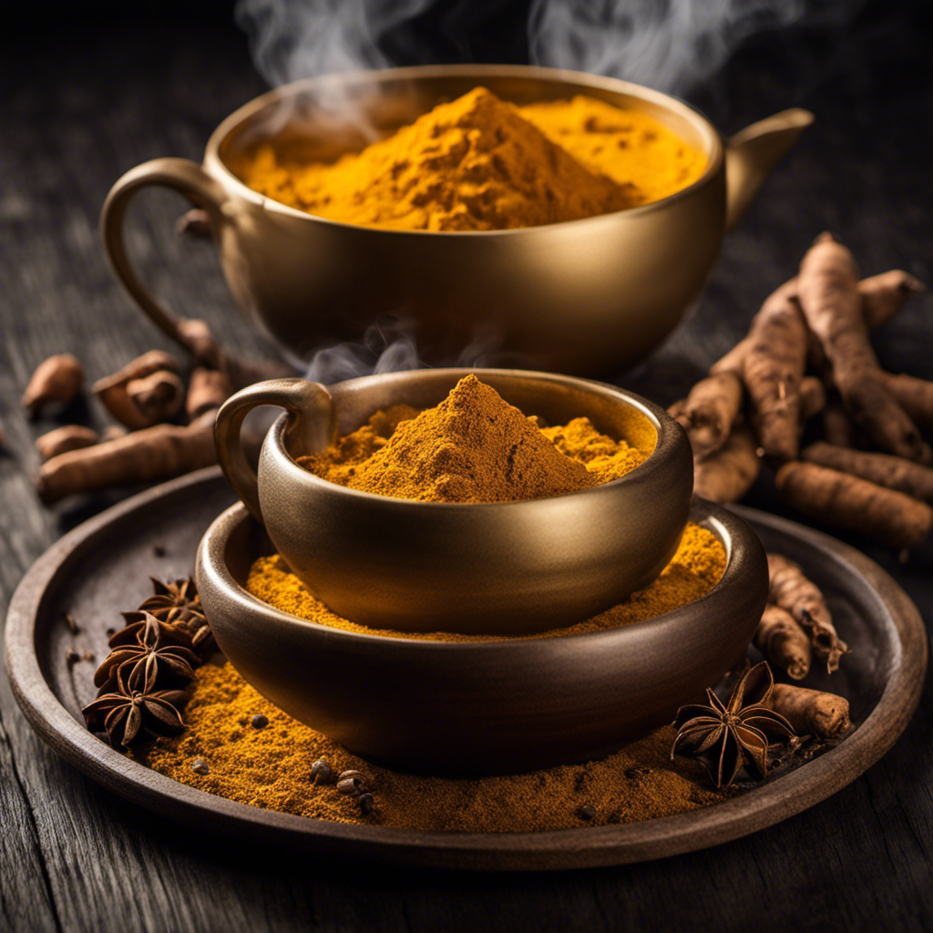 An image of a vibrant golden cup of Turmeric With Black Pepper Extract for Absorption Tea, steam rising, surrounded by freshly ground black pepper and whole turmeric roots, evoking a sense of warmth and therapeutic goodness