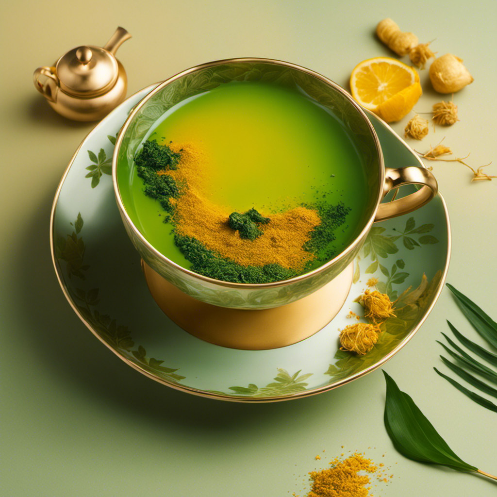 An image showcasing a vibrant teacup filled with golden turmeric-infused tea