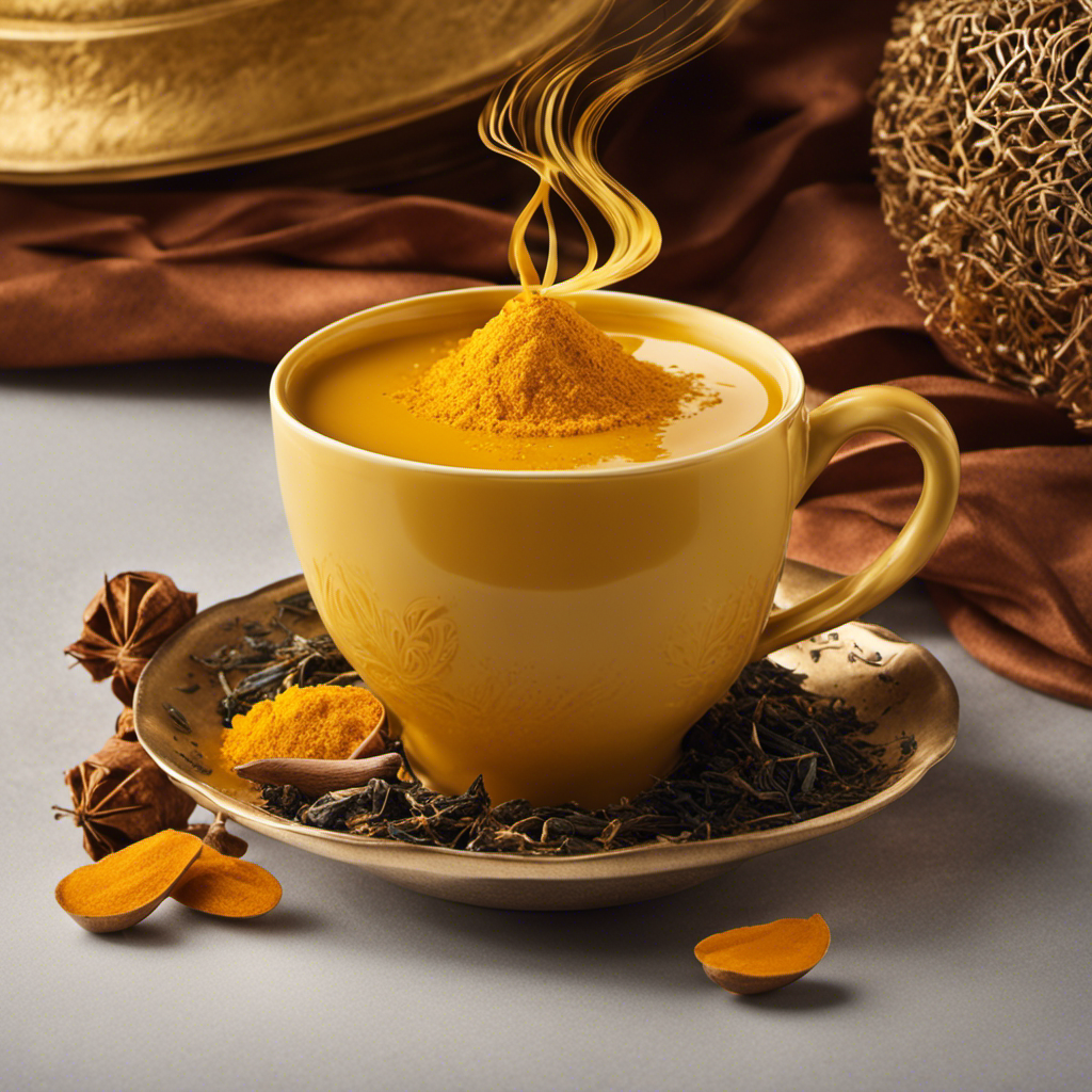 An image showcasing a radiant yellow Twinings Tea Turmeric cup, filled to the brim with aromatic steam rising from the golden liquid, while a delicate turmeric root rests gracefully beside it