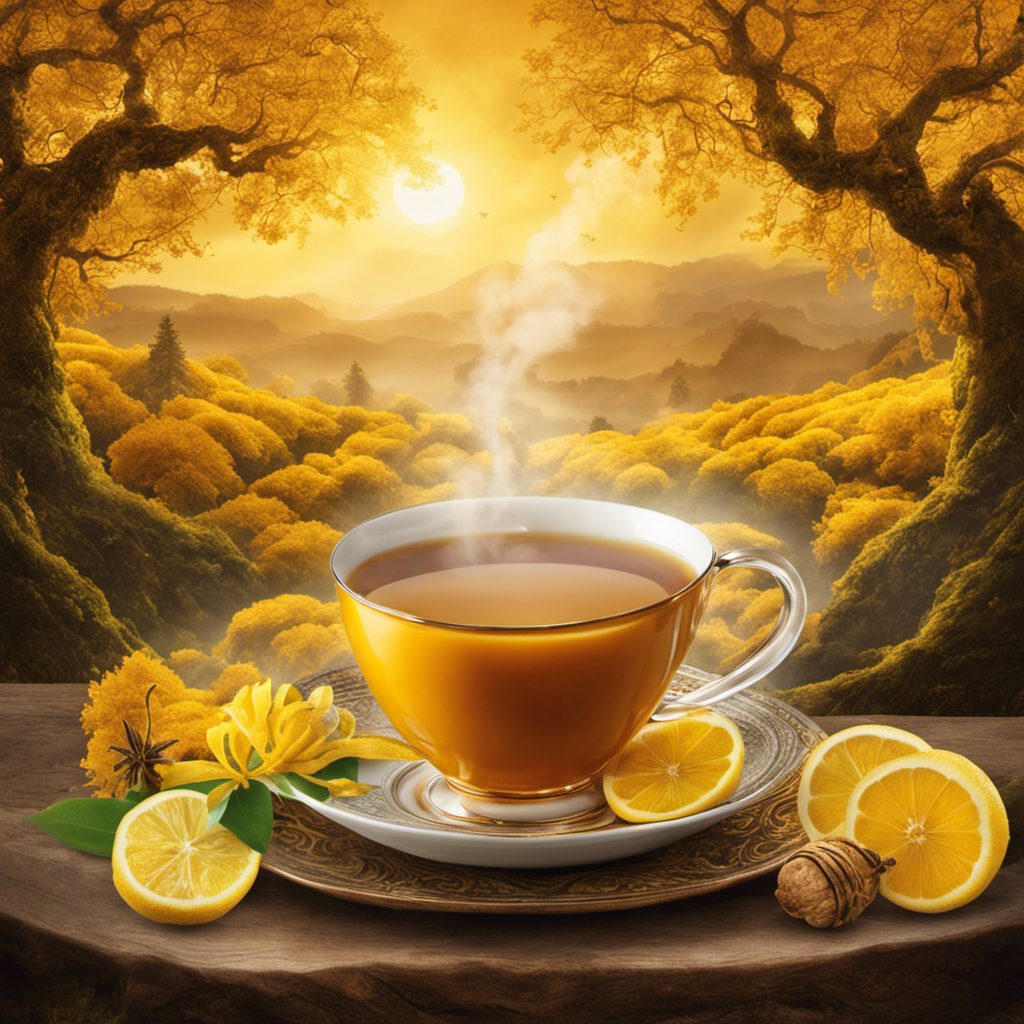An image of a serene morning scene with a steaming cup of Twinings Turmeric Tea, adorned with golden-hued swirls of steam