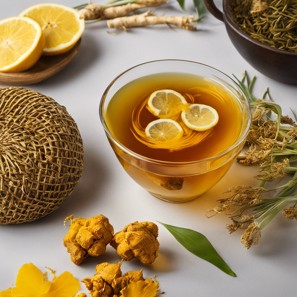 An image showcasing a vibrant glass filled with Unimat Riken Fermented Turmeric Tea, swirling with golden hues