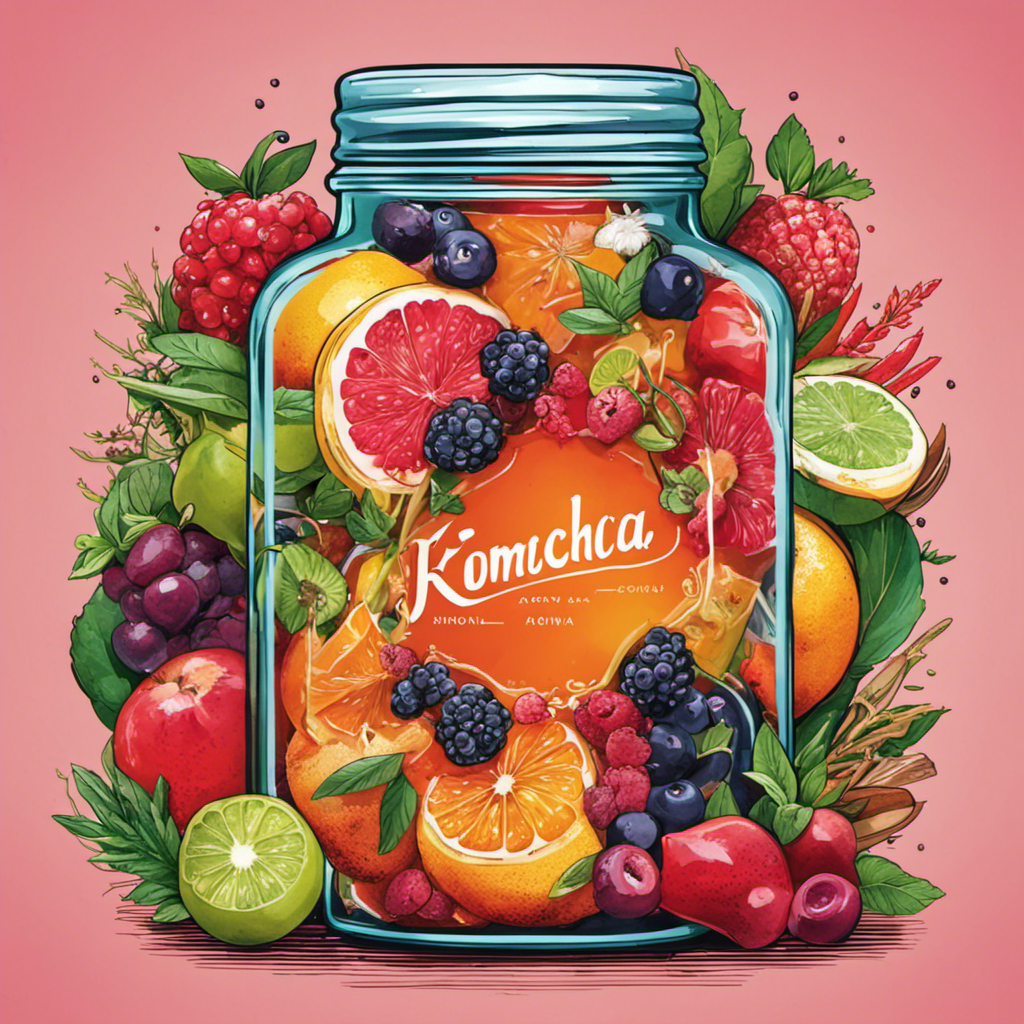 An image showcasing a beautifully arranged glass jar filled with vibrant, effervescent kombucha, surrounded by an array of colorful fruits, herbs, and spices, exuding an enticing aroma and a sense of pure flavor exploration