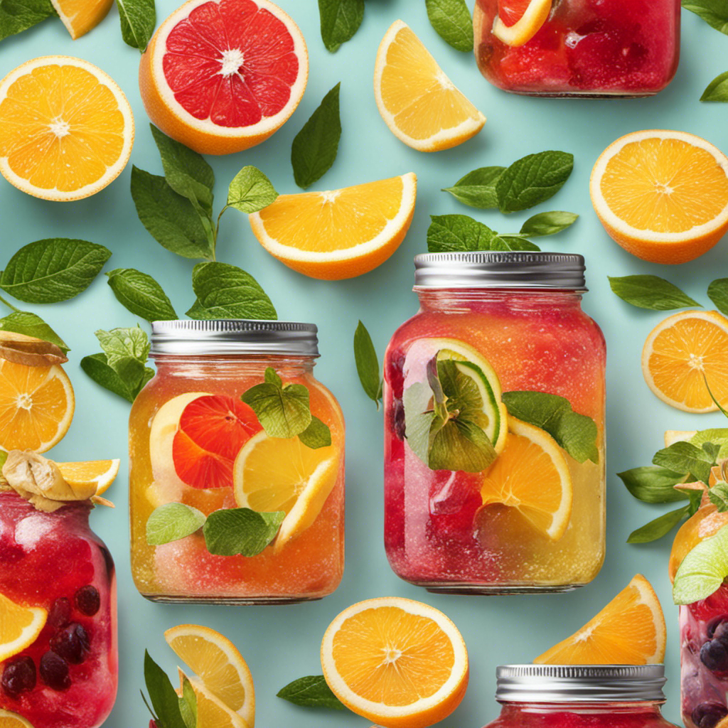 An image showcasing a vibrant glass jar filled with effervescent homemade kombucha, infused with an array of luscious fruits and herbs