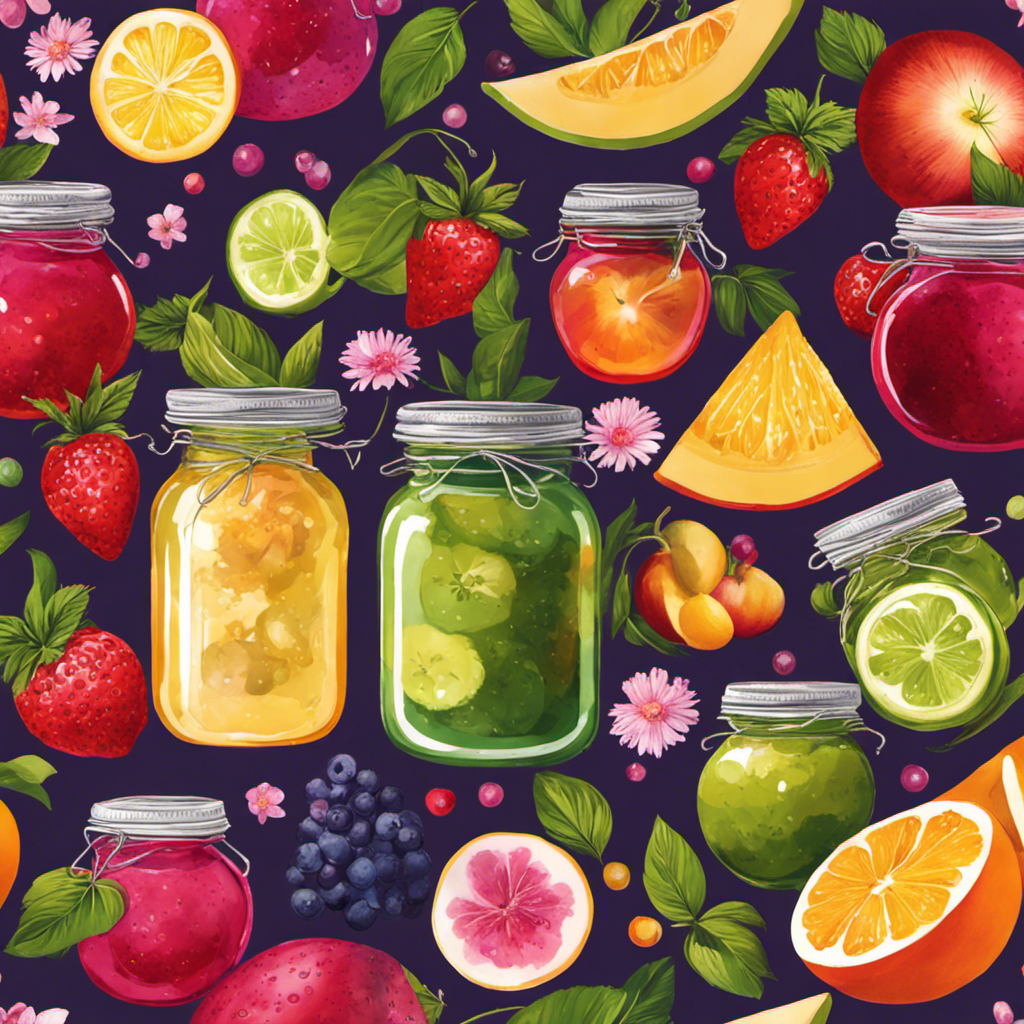 An image showcasing a vibrant, blooming garden bursting with lush, colorful fruits, herbs, and botanicals, surrounding a glass jar of homemade kombucha