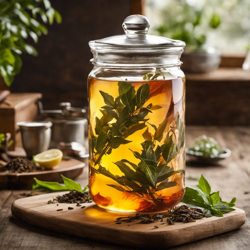 An image that showcases the vibrant transformation of tea leaves steeping in a glass jar, as kombucha culture swirls, capturing the essence of flavor infusion and the magic of fermentation