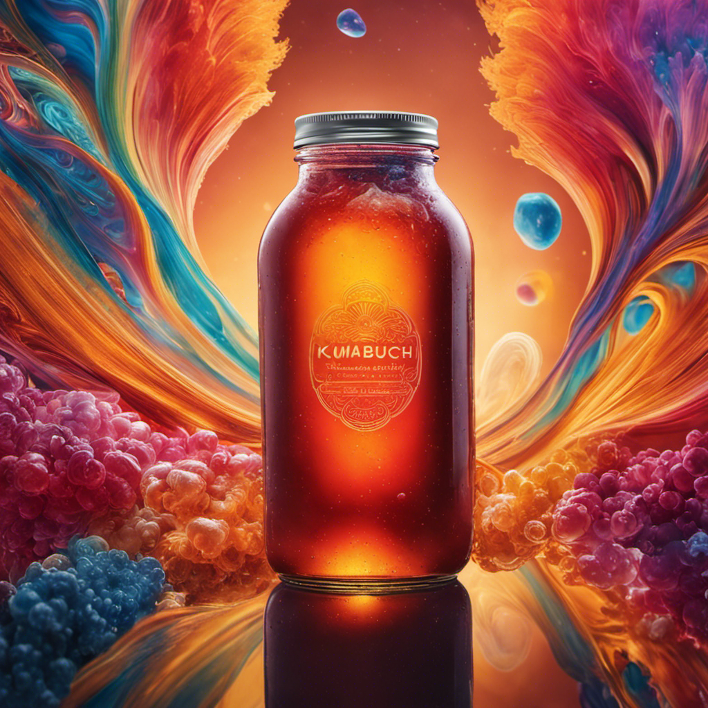 An image showcasing a glass jar filled with bubbling, effervescent kombucha, surrounded by vibrant cascades of swirling hues - a mesmerizing kaleidoscope of fermentation, capturing the untapped potential of this ancient elixir