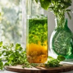 An image showcasing a vibrant glass filled with effervescent, emerald-green Kombucha tea