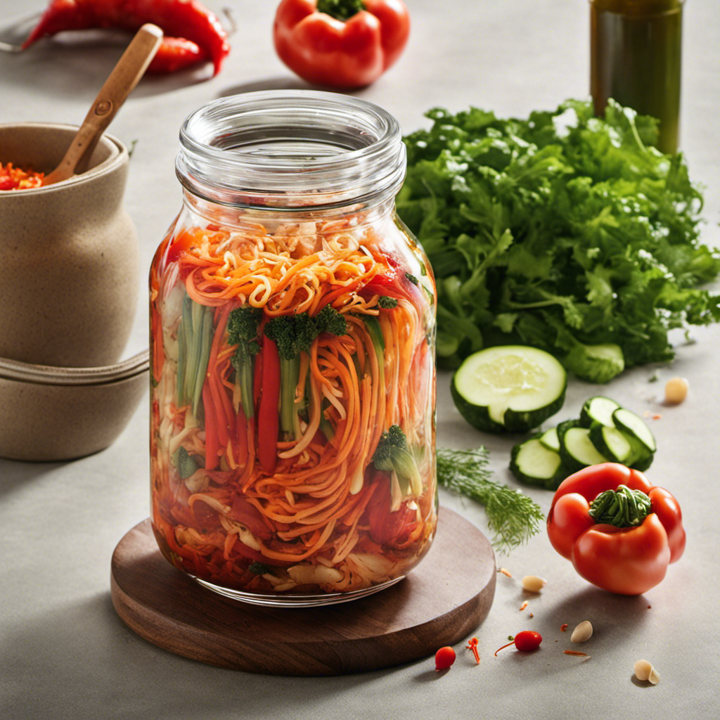 An image showcasing a vibrant, bubbling jar of homemade kimchi, with a beautiful array of colorful vegetables submerged in a tangy, probiotic-rich brine, highlighting the transformative power of Kahm yeast