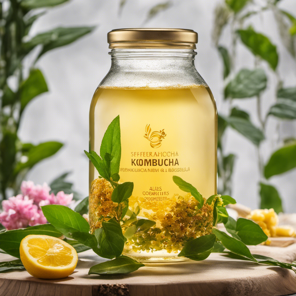 An image showcasing a glass jar filled with effervescent golden kombucha, surrounded by vibrant green tea leaves and blossoming Lactobacillus cultures, emanating a refreshing aura of health and vitality