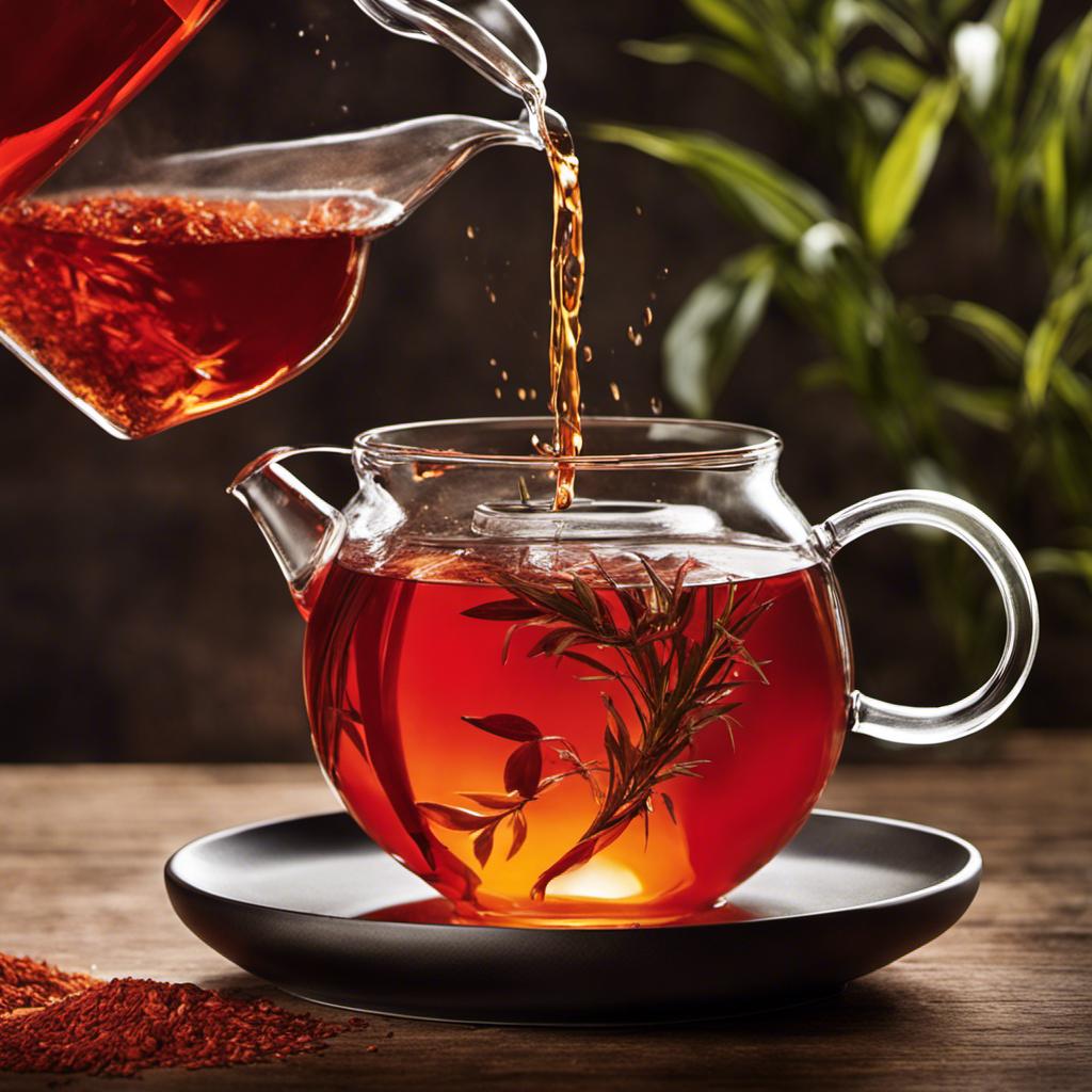 An image showcasing a hands-on brewing process of rooibos tea: A skilled hand gently pouring hot water into a ceramic teapot, while vibrant red rooibos leaves dance in the air, infusing the water with their unique flavor