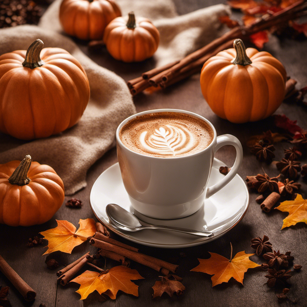 An image capturing a cozy autumn morning scene: a hand reaching for a ceramic mug filled with a perfectly brewed Nespresso Pumpkin Spice, adorned with a dollop of frothy milk and a sprinkle of cinnamon on top