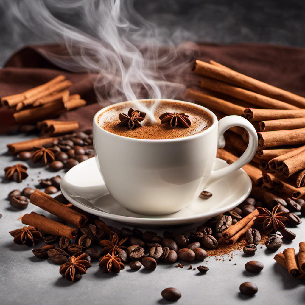 An image showcasing a vibrant coffee cup surrounded by aromatic cinnamon sticks and cardamom pods, exuding rich fragrances