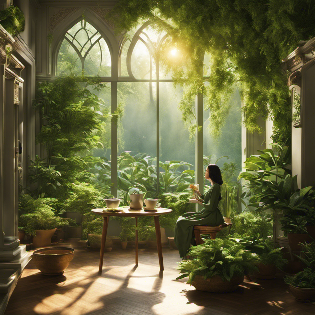 An image of a serene, sunlit room with a person peacefully sipping green tea, surrounded by lush plants