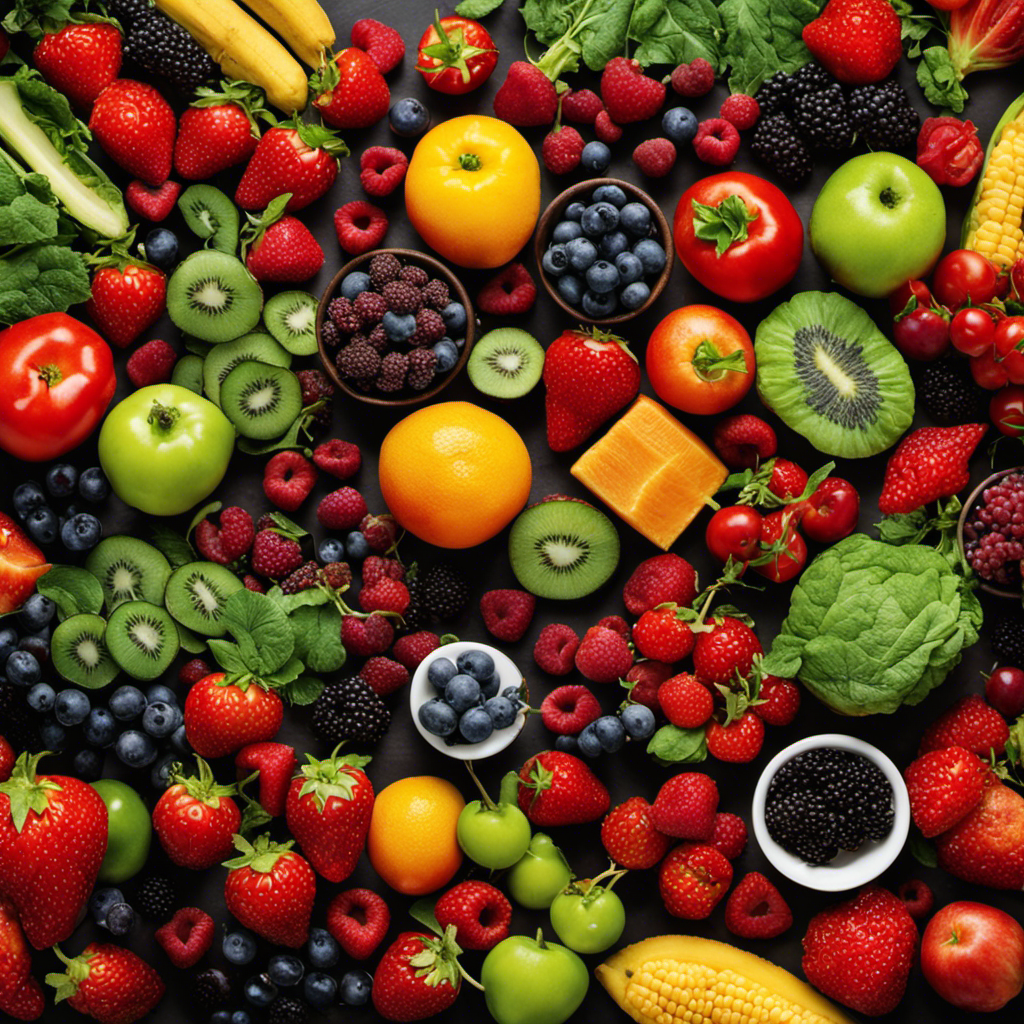 E an image depicting a vibrant array of antioxidant-rich foods like berries, dark leafy greens, colorful fruits, and vegetables