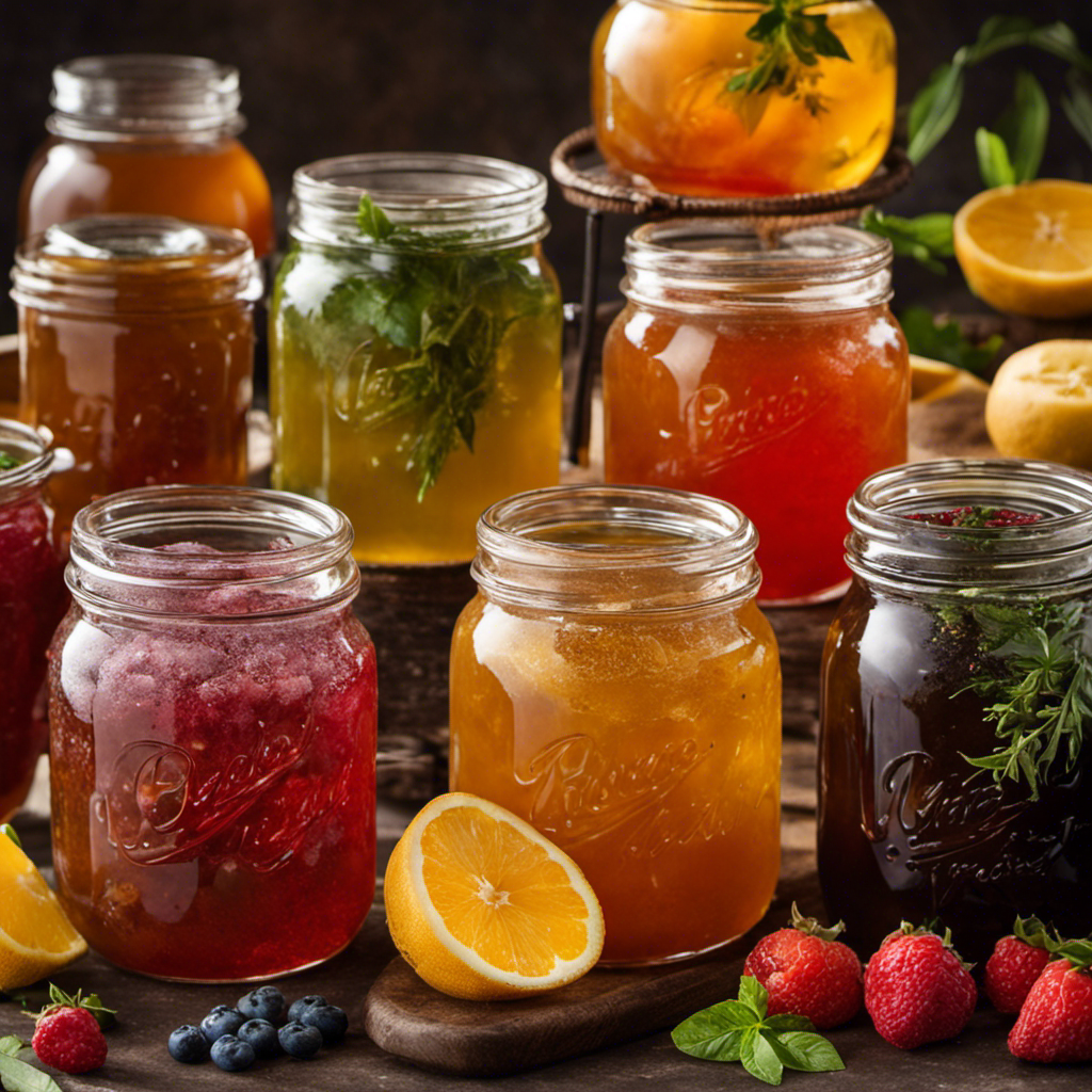 An image that captures the essence of homemade kombucha: a glass jar filled with fizzy, amber-hued liquid, surrounded by vibrant, organic ingredients like fresh fruits, herbs, and colorful tea leaves, illustrating the journey from savings to delicious flavor