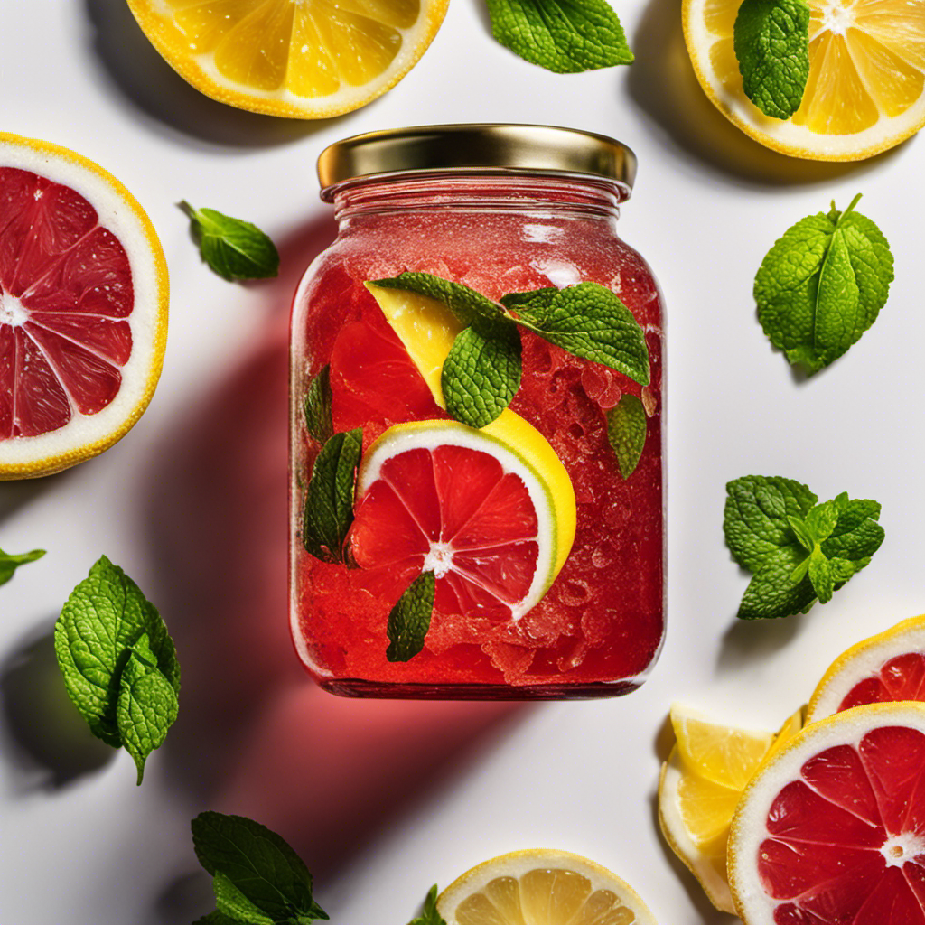 An image depicting a glass jar filled with fizzy, ruby-red kombucha infused with vibrant slices of lemon, fresh mint leaves, and a sprinkling of crushed ice, exuding a refreshing and invigorating aura