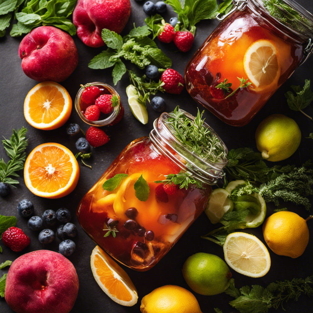 An image showcasing a glass jar filled with homemade kombucha, surrounded by vibrant fruits and herbs
