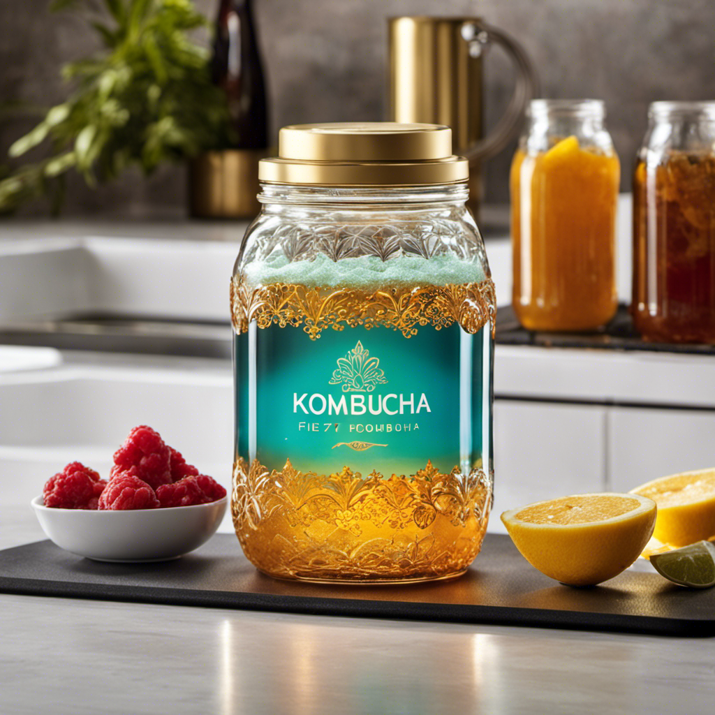 An image showcasing a vibrant glass jar filled with fizzy, golden-hued kombucha, surrounded by a cutting-edge heating mat that exudes warmth