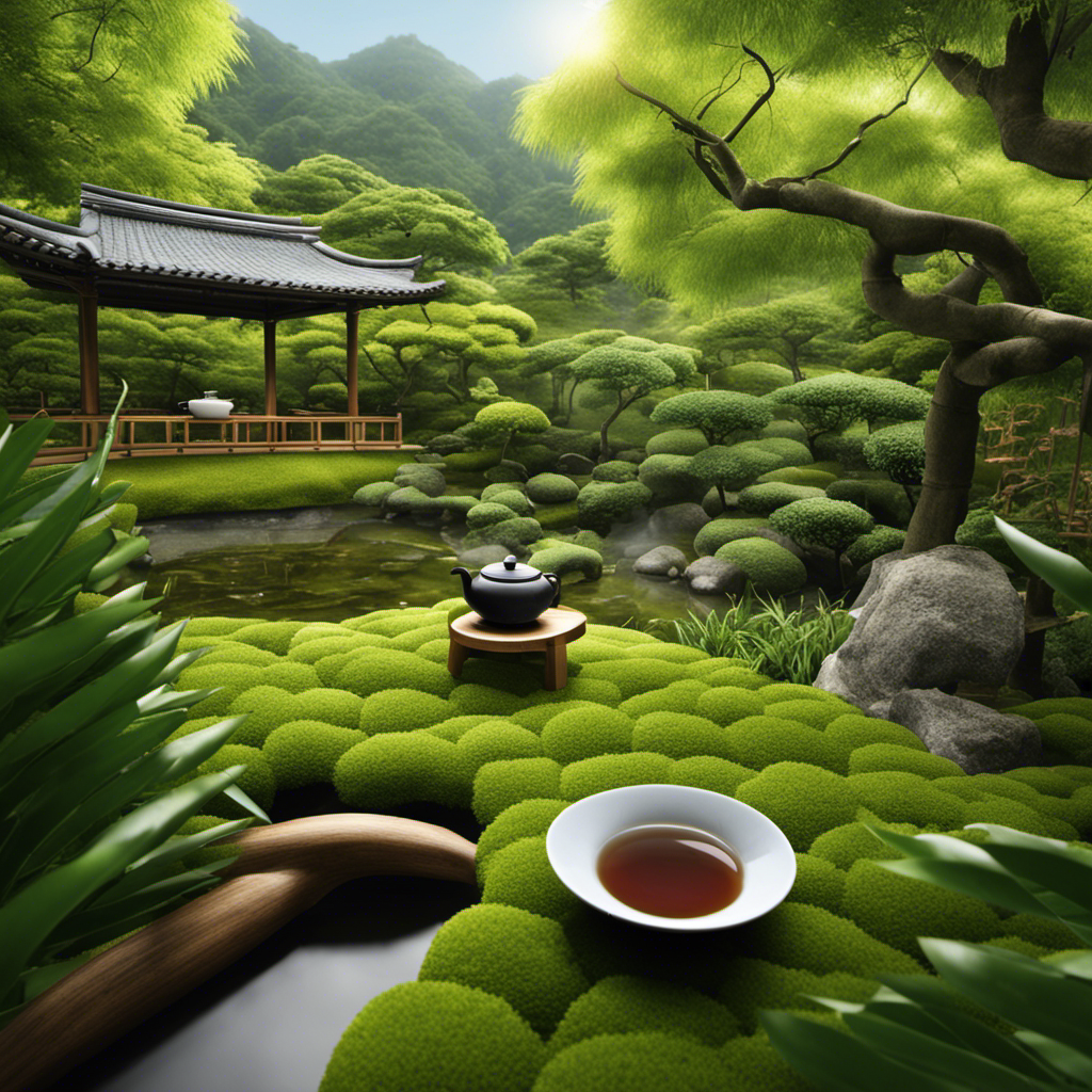 An image showcasing a serene Japanese garden, with a traditional tea ceremony set-up, where a cup of steaming green tea is being poured, surrounded by lush green tea leaves and bamboo, symbolizing the natural way to reduce cholesterol