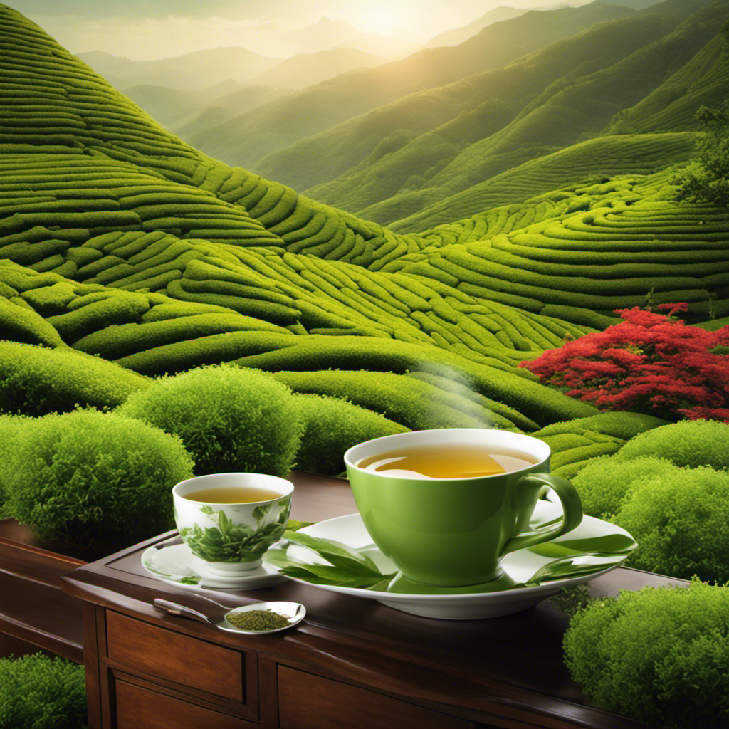 An image depicting a serene tea garden, with lush green tea leaves being harvested, as a cup of freshly brewed green tea sits beside a blood sugar monitor, symbolizing the potential of green tea in regulating blood sugar levels
