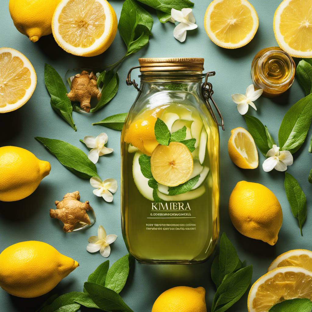 An image showcasing a glass jar filled with effervescent, amber-hued kombucha, surrounded by vibrant, organic ingredients like fresh ginger slices, tangy lemon wedges, and a handful of lush green tea leaves