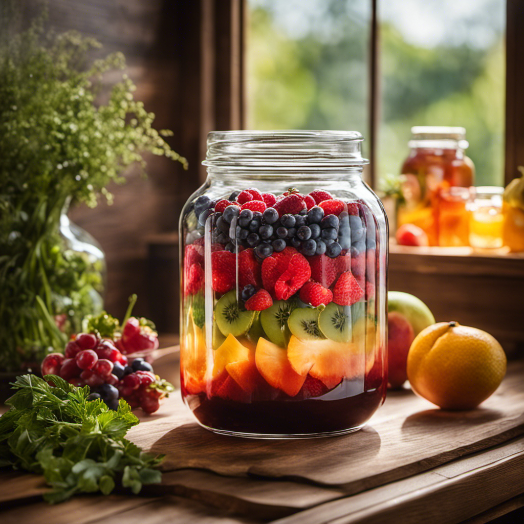 An image showcasing a gleaming glass jar filled with bubbling kombucha, surrounded by an array of colorful fruits and herbs