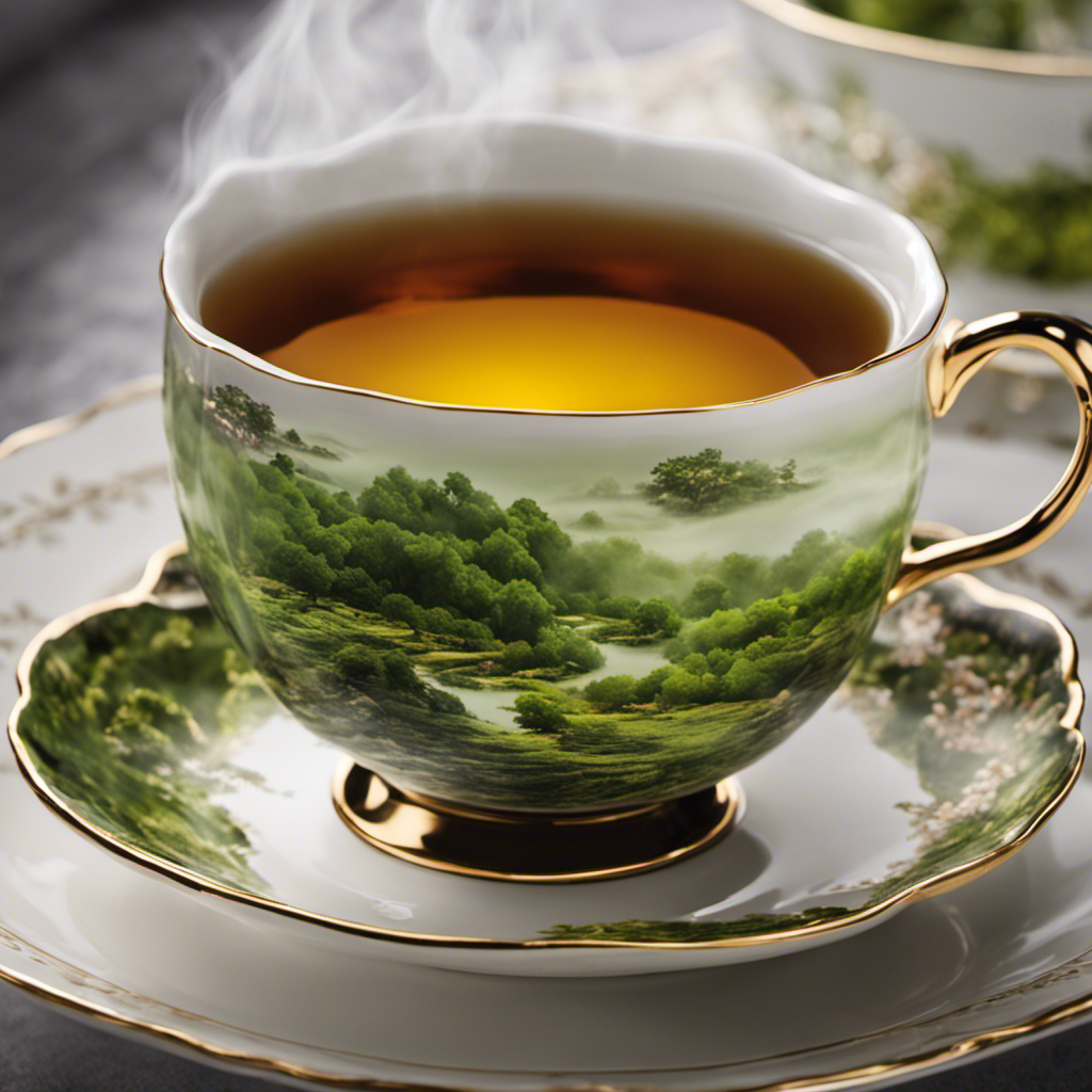 An image showcasing a delicate porcelain teacup filled with vibrant green tea, steam rising gracefully