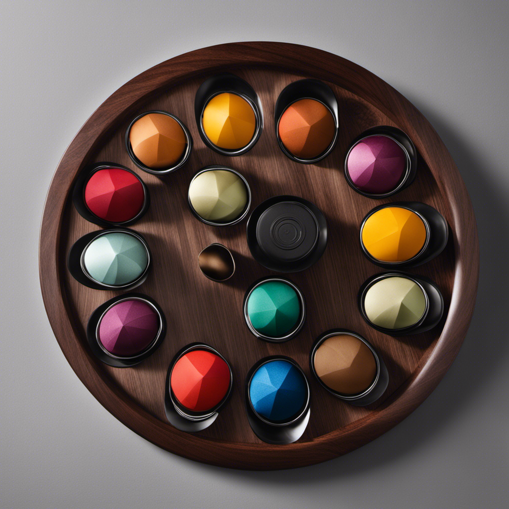 An image showcasing an elegant wooden tray adorned with ten sleek Nespresso capsules, each featuring a unique, vibrant design