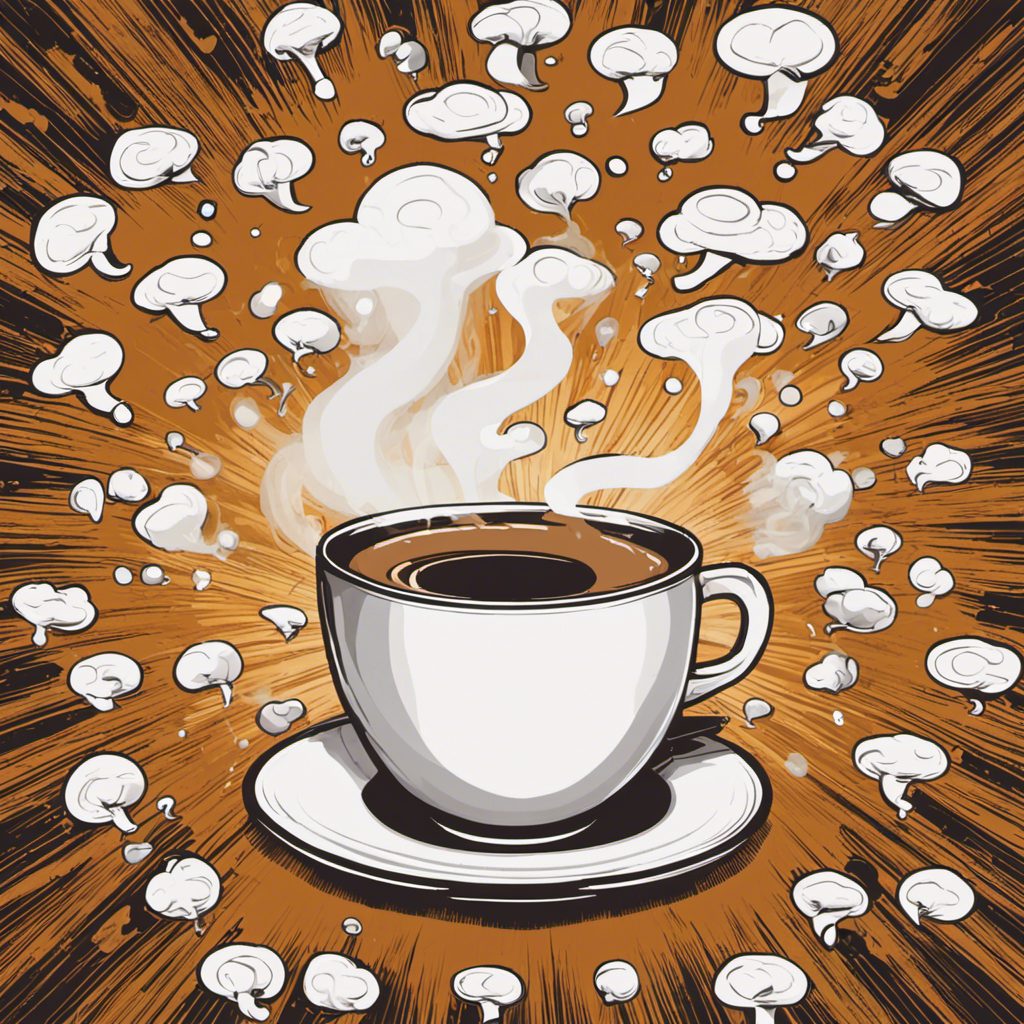 An image showcasing a close-up of a steaming cup of Ryze Mushroom Coffee surrounded by 10 thought bubbles, each containing a different question mark, symbolizing the top 10 questions answered in the blog post