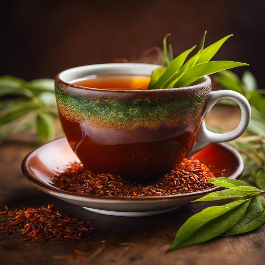 An image featuring a steaming cup of Rooibos tea in a rustic mug, surrounded by vibrant red and green Rooibos leaves, capturing the warm, earthy aroma and the natural beauty of this unique beverage