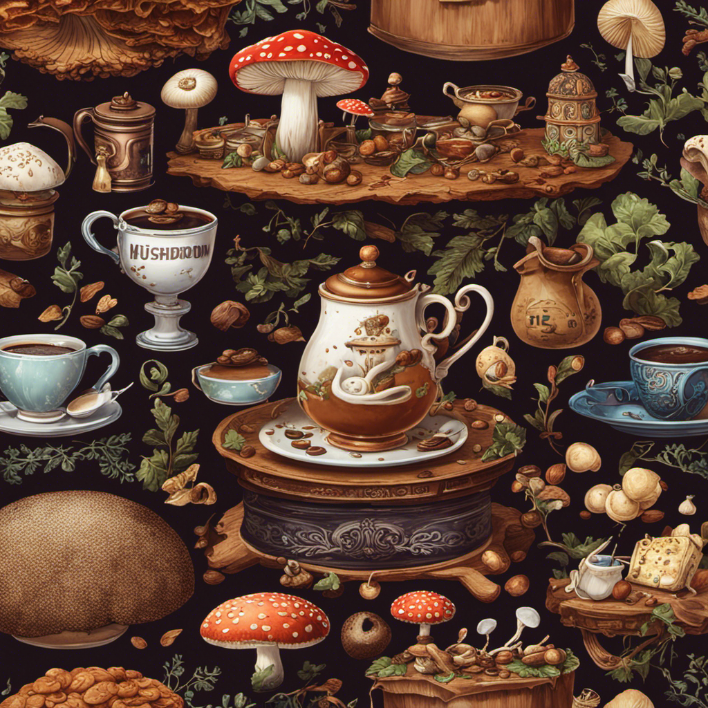 An image showcasing a steaming cup of Ryze Mushroom Coffee, surrounded by ten hidden objects representing intriguing facts, such as a mushroom, a brain, a lightning bolt, and more